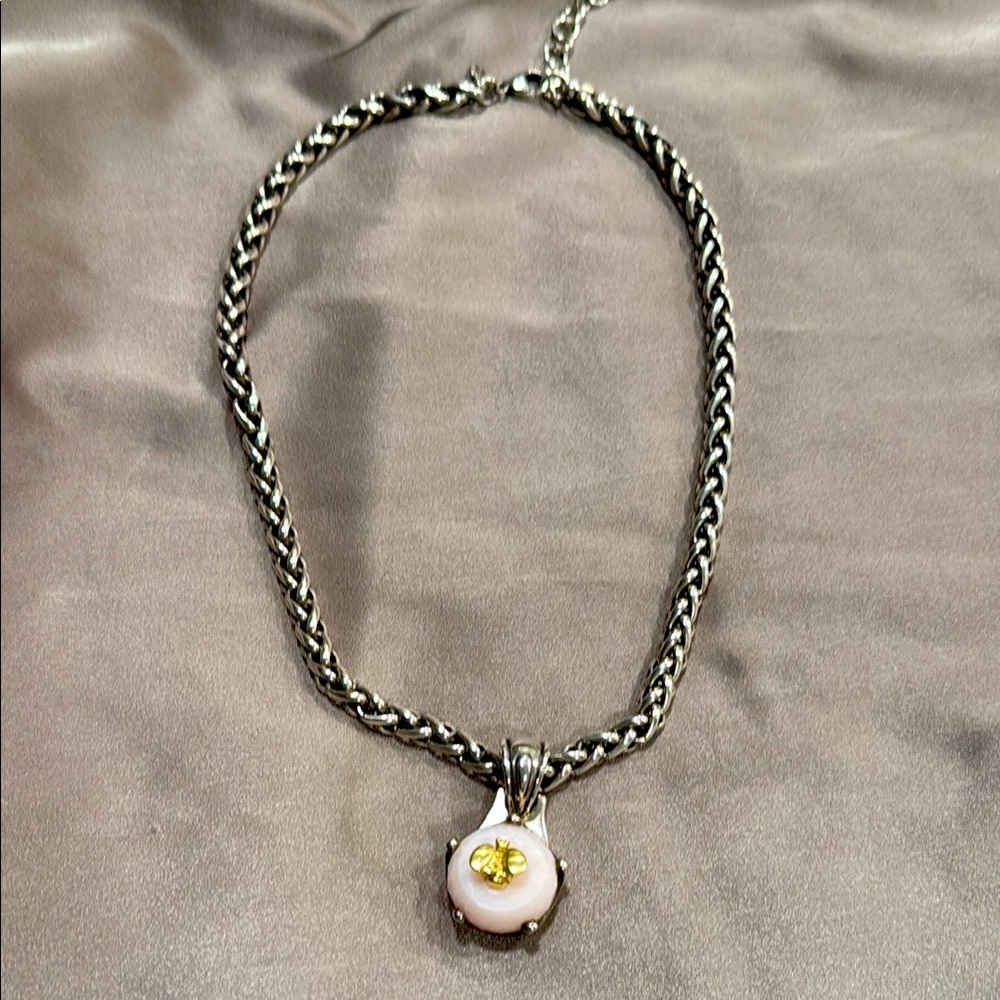 Saint by Sarah Jane 18k Gold and 925 SS  Pink Opal Bee Pendant Necklace